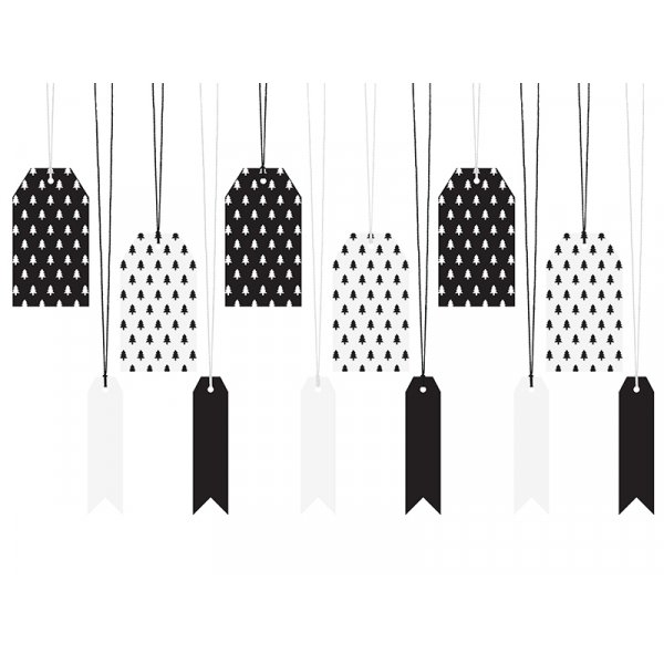 Gavelapper - Svart/Hvitt - Juletrær - 12-pakning Gavelapper - Svart/Hvitt - Juletrær - 12-pakning