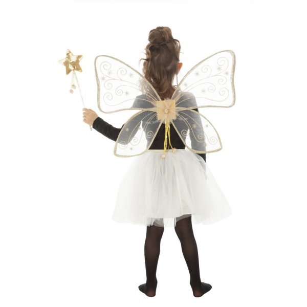 Magisk fe-kostyme - Vinger, skj�rt, tryllestav - 3-7 �r - Hvit/Gull