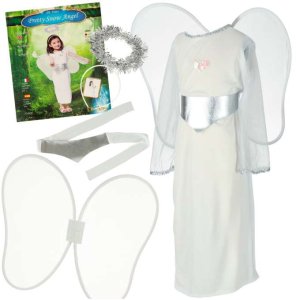 Englekostyme 4 deler barn st�rrelse S hvit med s�lvdetaljer