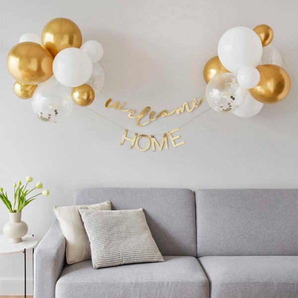 Girlang med ballonger - Welcome home - Guld