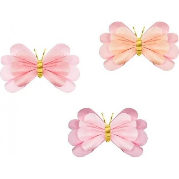 Papirdekorasjoner - Rosa store sommerfugler - 3 stk