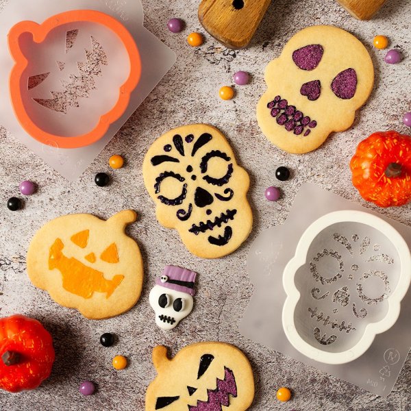 Kakeutstikker med sjablong - Gresskar og hodeskalle - Halloween Kakeutstikker med sjablong - Gresskar og hodeskalle - Halloween