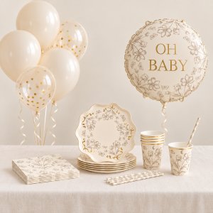 Babyshower-sett - Beige blomster - 6 personer Babyshower-sett - Beige blomster - 6 personer