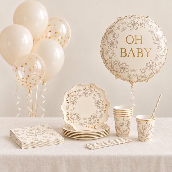 Babyshower-sett - Beige blomster - 6 personer