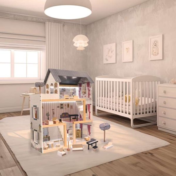 Dukkeskap i MDF med LED-belysning 78 cm hvitt inkludert 16 møbler - Byggesett Dukkeskap i MDF med LED-belysning 78 cm hvitt inkludert 16 møbler - Byggesett