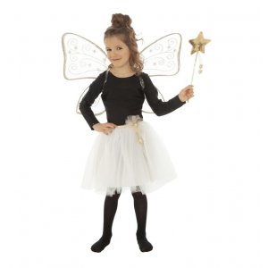 Magisk fe-kostyme - Vinger, skj�rt, tryllestav - 3-7 �r - Hvit/Gull