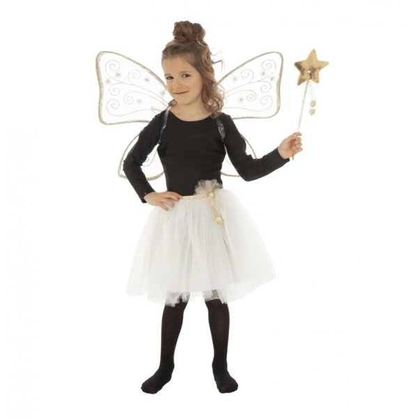 Magisk fe-kostyme - Vinger, skj�rt, tryllestav - 3-7 �r - Hvit/Gull