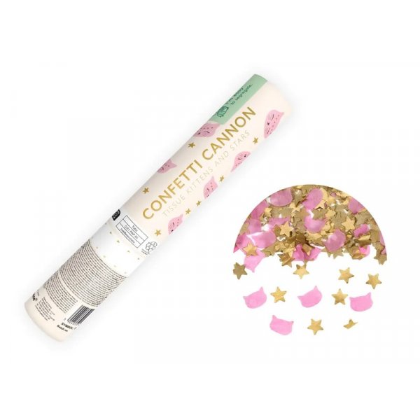 Konfettikanon - 20 cm - Katter - Gull/Rosa