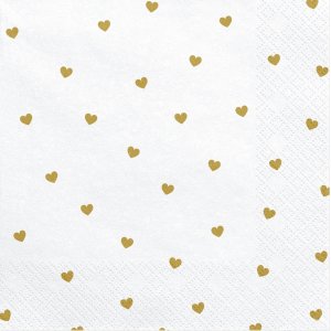 Servietter - Hvite med gullhjerter - 20-pakning