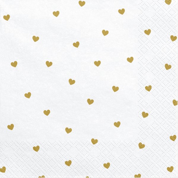 Servietter - Hvite med gullhjerter - 20-pakning