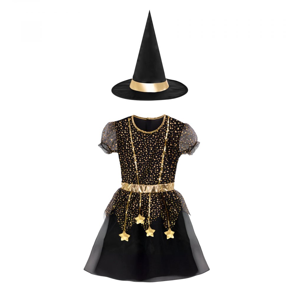 Heksekjole med hatt – Svart/Gull – Størrelse: 4-5 år (110-120 cm høy) – Halloween-kostyme, Halloween