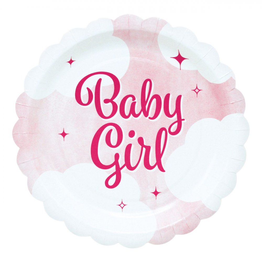 Papirtallerkener Baby Girl Rosa 19 cm – 8-pakning – Papirtallerkener til babyshower, Babyshower-borddekking, Baby Shower