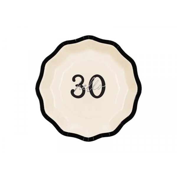 Papptallerkener - "Hello 30" - Svart/Hvit - 18 cm - 6-pakning