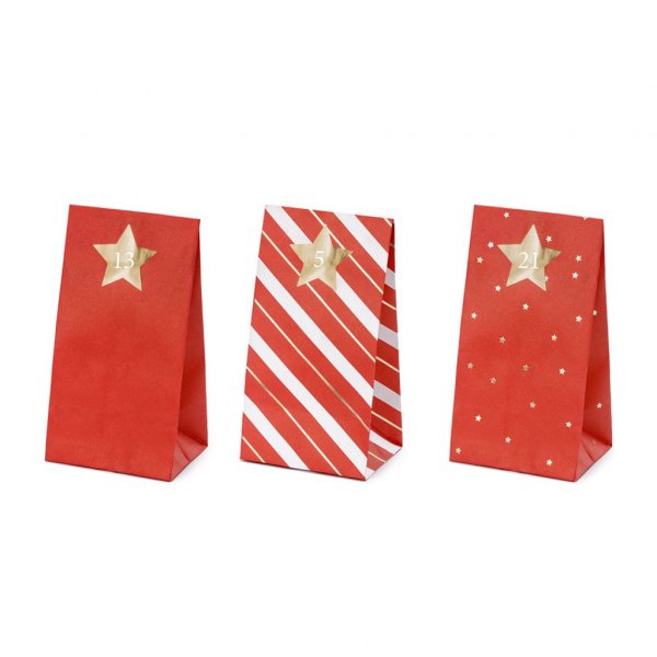 Adventskalender - 24 poser - Rød og gullmiks Adventskalender - 24 poser - Rød og gullmiks