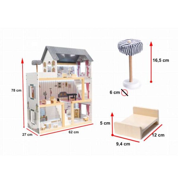 Dukkeskap i MDF med LED-belysning 78 cm hvitt inkludert 16 møbler - Byggesett Dukkeskap i MDF med LED-belysning 78 cm hvitt inkludert 16 møbler - Byggesett