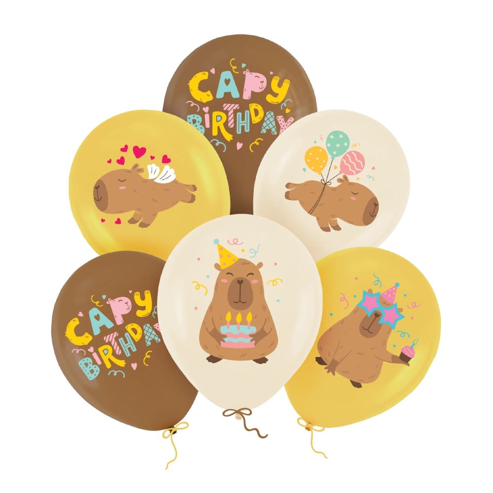 Ballonger - Capybara - Capy Bursdag - 6-pakning - 30 cm - Ballonger med trykk, Ballonger