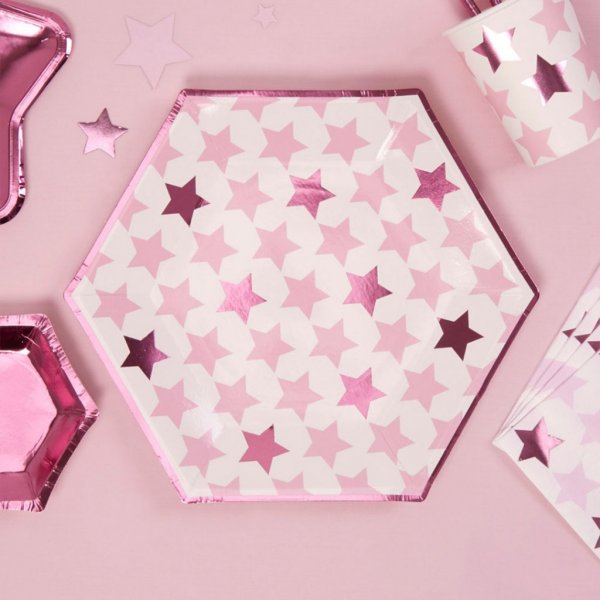 Papptallerkener - Stjerner - Rosa - 8-pakning