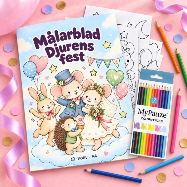 Fargeleggingsark med fargeblyanter - Dyrefest - 10 motiver - A4