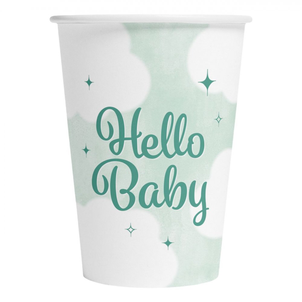 Papirkopper Hello Baby mintgrønne 8-pakning – Papirkopper til babyshower, Babyshower-borddekking, Baby Shower