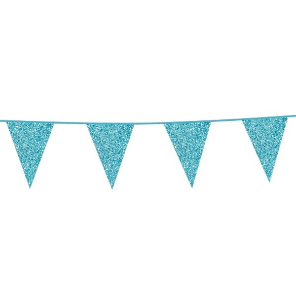 Flagggirlander - Babyblå - Glitter - 16x20 cm flagg - 6 m - Vimpler til babyshower, Pynt, Baby Shower