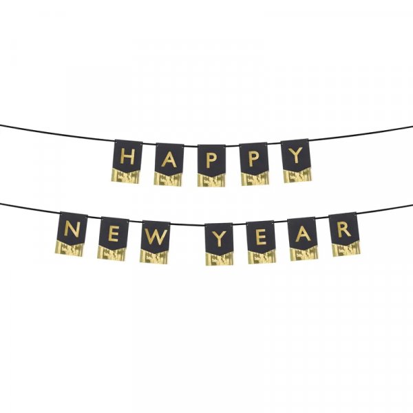 Vimpel med fransar - Happy New Year - Svart/Guld