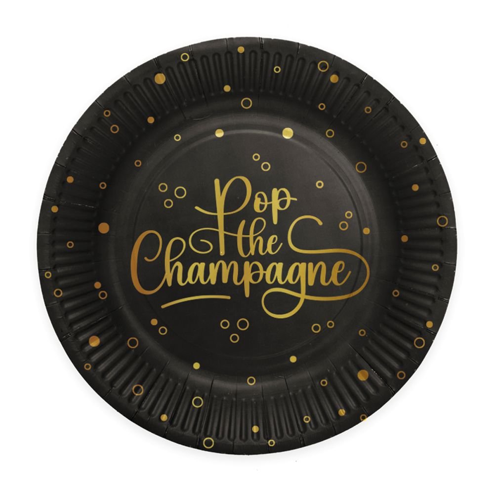 Papptallerkener – Pop the Champagne – Svart – 23 cm – 8-pakning – Papirtallerkener, Borddekking