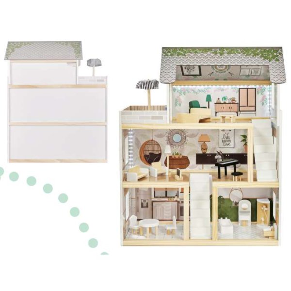 Dukkeskap LULILO FLORO boho med LED-belysning 78 cm tre