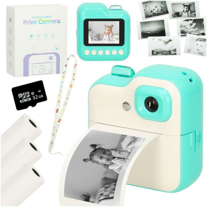 Instantkamera med termisk skriver 24MP 32GB SD-kort grønn - inkl. 3 papirruller - Håndverk