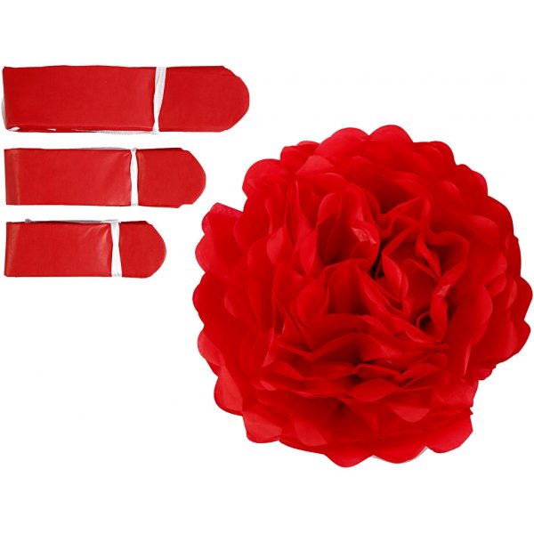 Papirpomponger - r�de - Dia. 20+24+30 cm - 3 stk