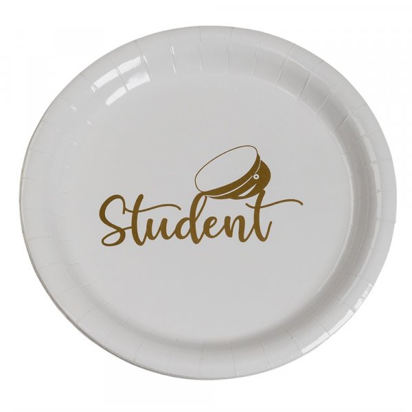 Papirtallerkener - Student - Hvit/Gull - 8-pakning - 23 cm