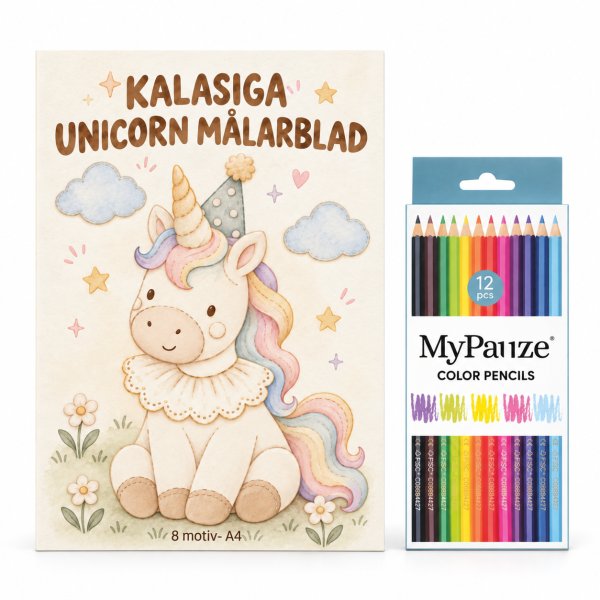 Fargeleggingsark med fargeblyanter - Kalasiga enhjørning - 8 motiver - A4 Fargeleggingsark med fargeblyanter - Kalasiga enhjørning - 8 motiver - A4