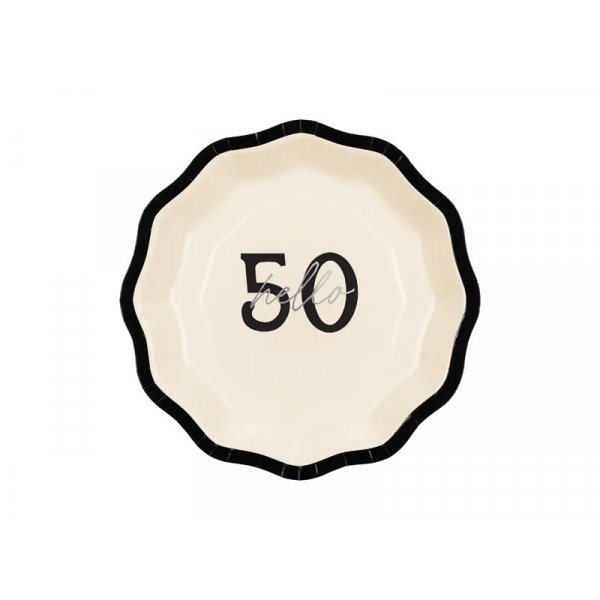 Papptallerkener - "Hello 50" - Svart/Hvit - 18 cm - 6-pakning