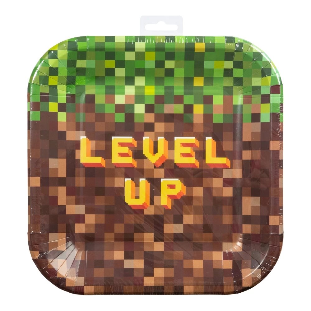 Papptallerkener - Pixel Level Up - 8-pakning - 23 cm - Papirtallerkener til fester