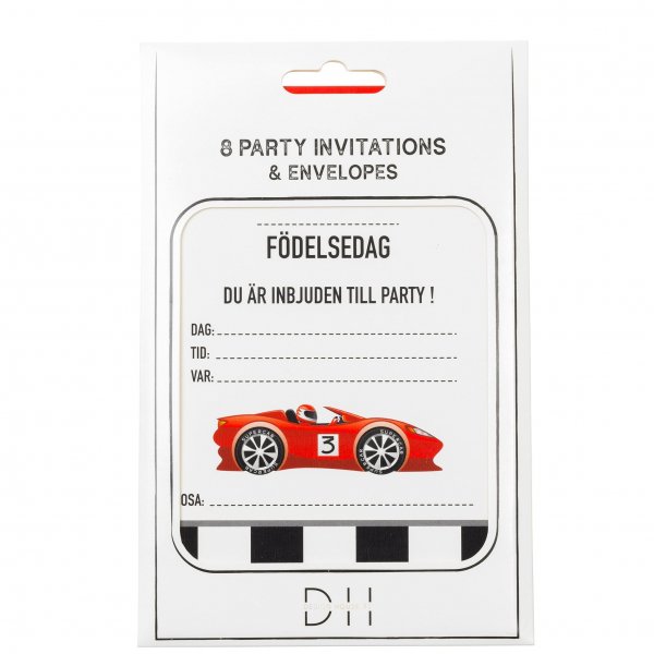 Invitasjonskort - Bil 8-pakning med konvolutter (10,5x14,8 cm)