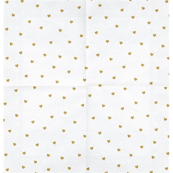 Servietter - Hvite med gullhjerter - 20-pakning