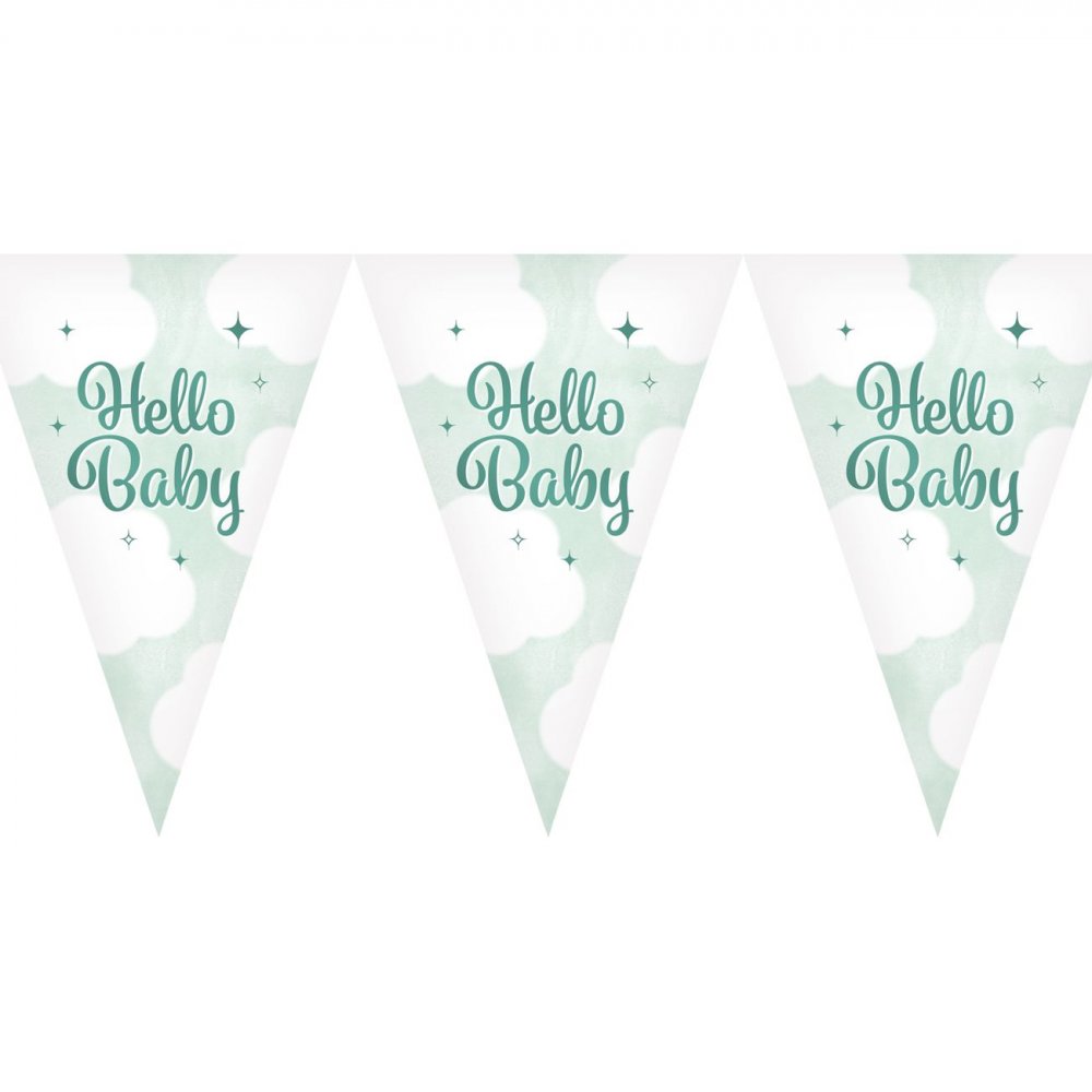Girlander Hello Baby Mintgrønn – 10m – Vimpler til babyshower, Pynt, Baby Shower