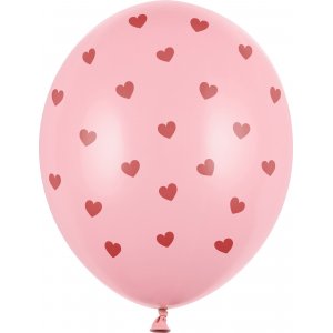 Ballonger - Lys rosa med rde hjerter - 6-pakning