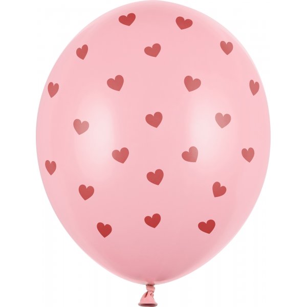 Ballonger - Lys rosa med rde hjerter - 6-pakning