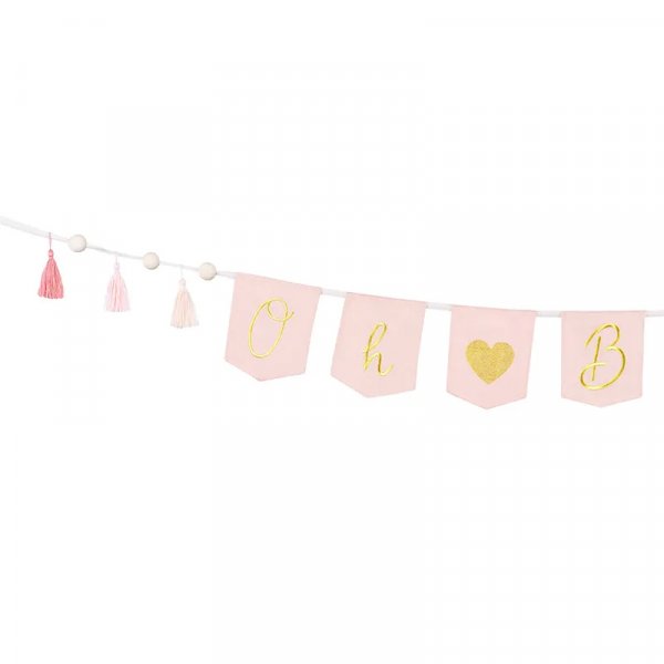 Vimpel med dusker - Oh Baby - Lys rosa/Gull