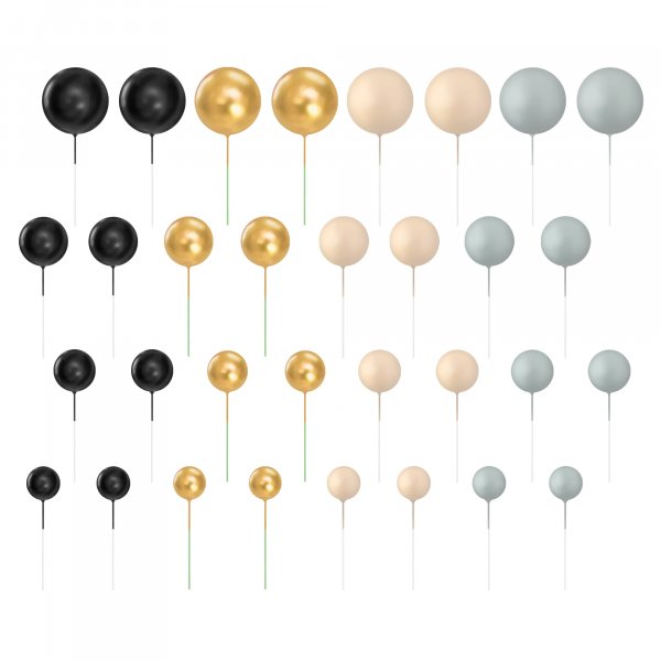 Kakepynt/Kaketopper - Baller - Gull, Svart, Hudfarget, Gr - 32 stk