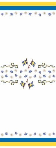 Duk – Papir – Svensk flagg og sommerblomster – 118 cm bred – 6 m lang