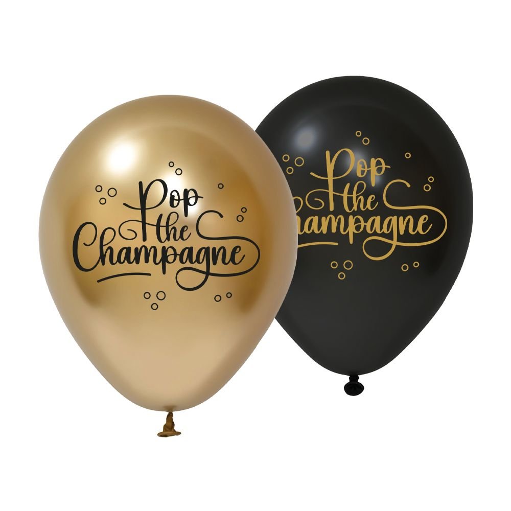 Ballonger – Pop The Champagne – Svart – 30 cm – 8-pakning – Ballonger med trykk, Ballonger