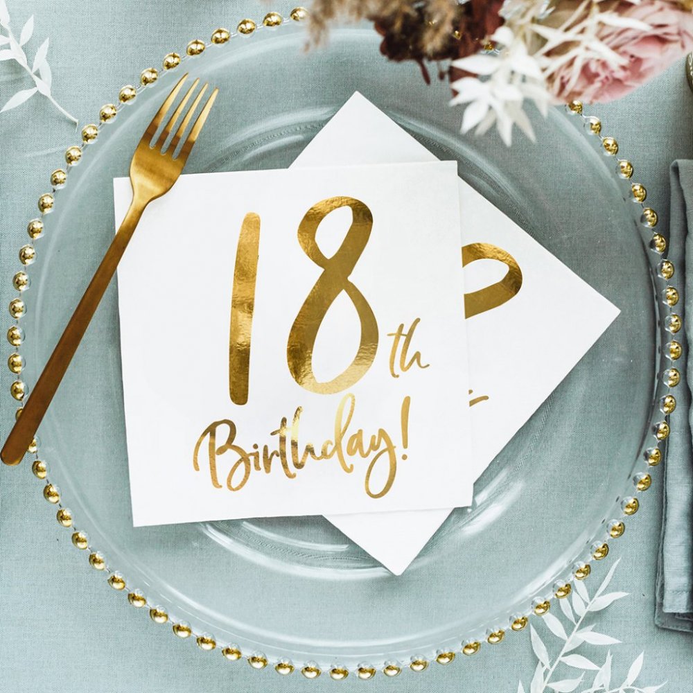 Servietter – 18-årsdag – Hvit/Gull – 20-pakning – Servietter til fester
