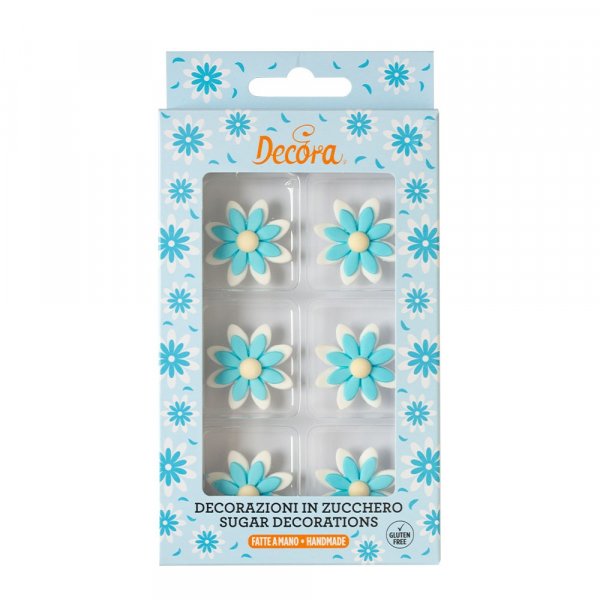 Sukkerdekorasjoner - Blomster - 3,5 cm - Hvit/Blå - 6 stk Sukkerdekorasjoner - Blomster - 3,5 cm - Hvit/Blå - 6 stk