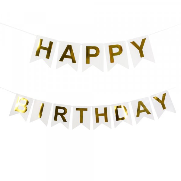 Vimpel - Happy Birthday - Vit/Guld