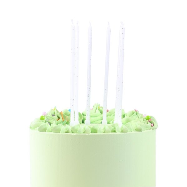 Ekstra lange kakelys - 18 cm - Hvite med gullglitter - 16 stk. Ekstra lange kakelys - 18 cm - Hvite med gullglitter - 16 stk.