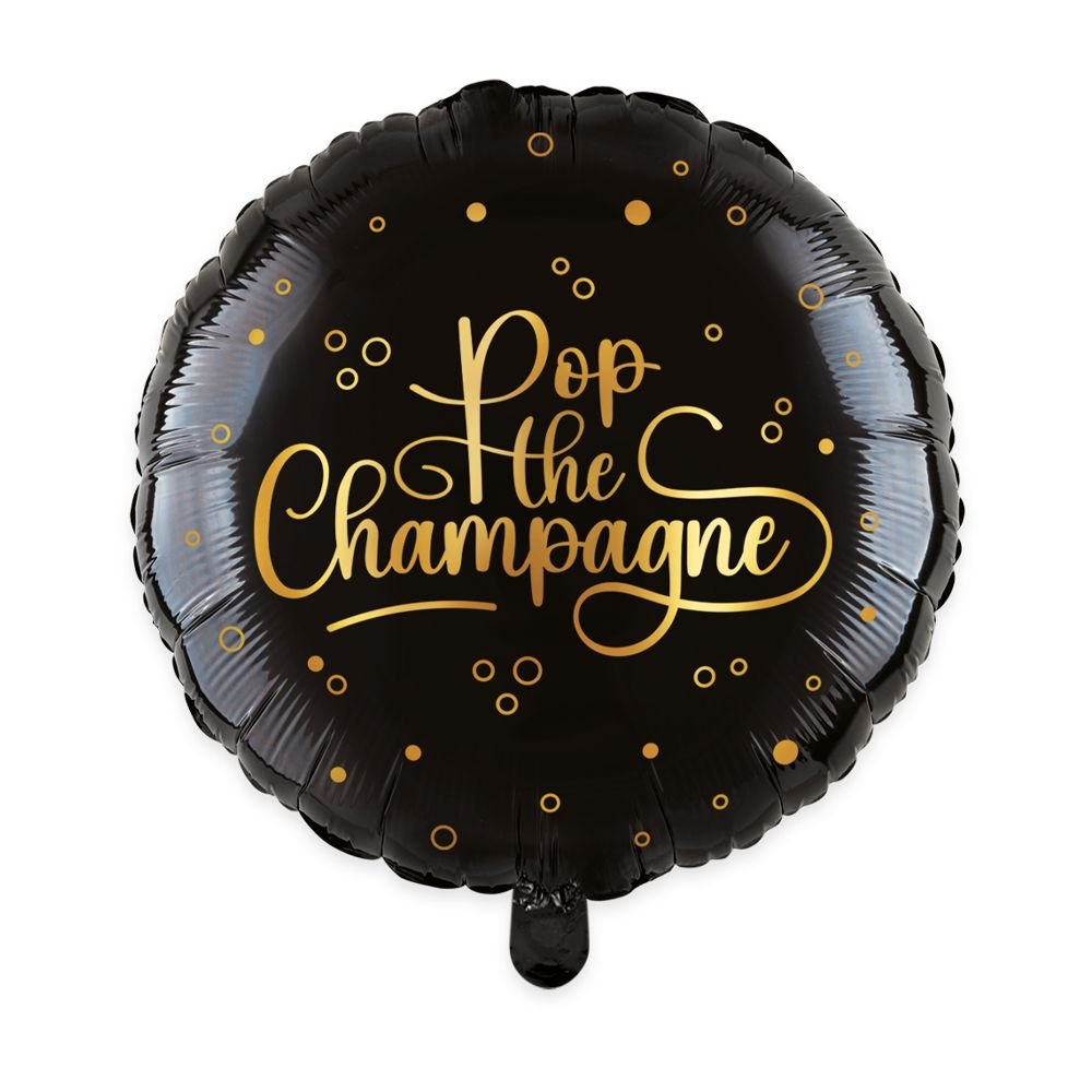 Folieballong – Pop the Champagne – Svart – 46 cm – Rund, Folieballonger, Ballonger