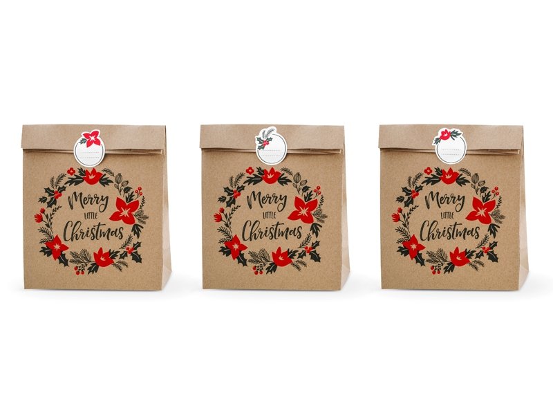 Store poser - Kraft - Merry Little Christmas - 3 stk - Pakkeinnpakning, Juleartikler