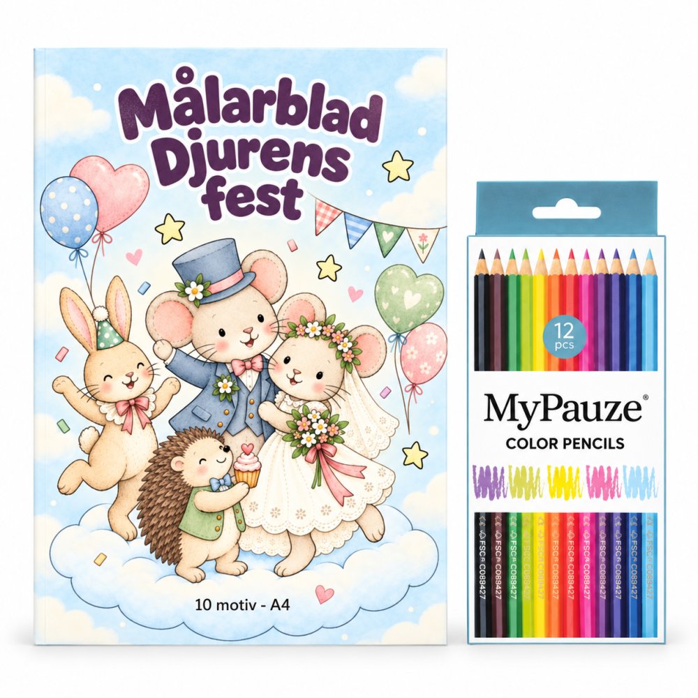 Fargeleggingsark med fargeblyanter - Dyrefest - 10 motiver - A4 - Festhåndverk, Festgaver