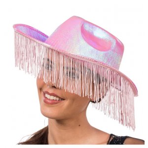 Rosa skimrende cowboyhatt med frynser